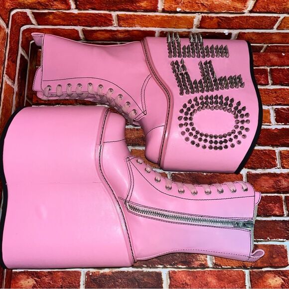 Current Mood NEW Never Censored F*CK OFF Platform Boots Spike Letters Pink Sz 8 - Picture 10 of 13